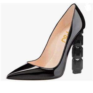 FSJ Black Patent Leather Heels with Geometric Heel